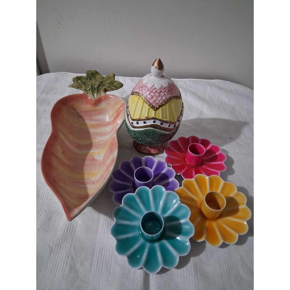World Market Ceramic Carrot Dish & Easter Egg Decor Flower Candle Holder Set 4pc